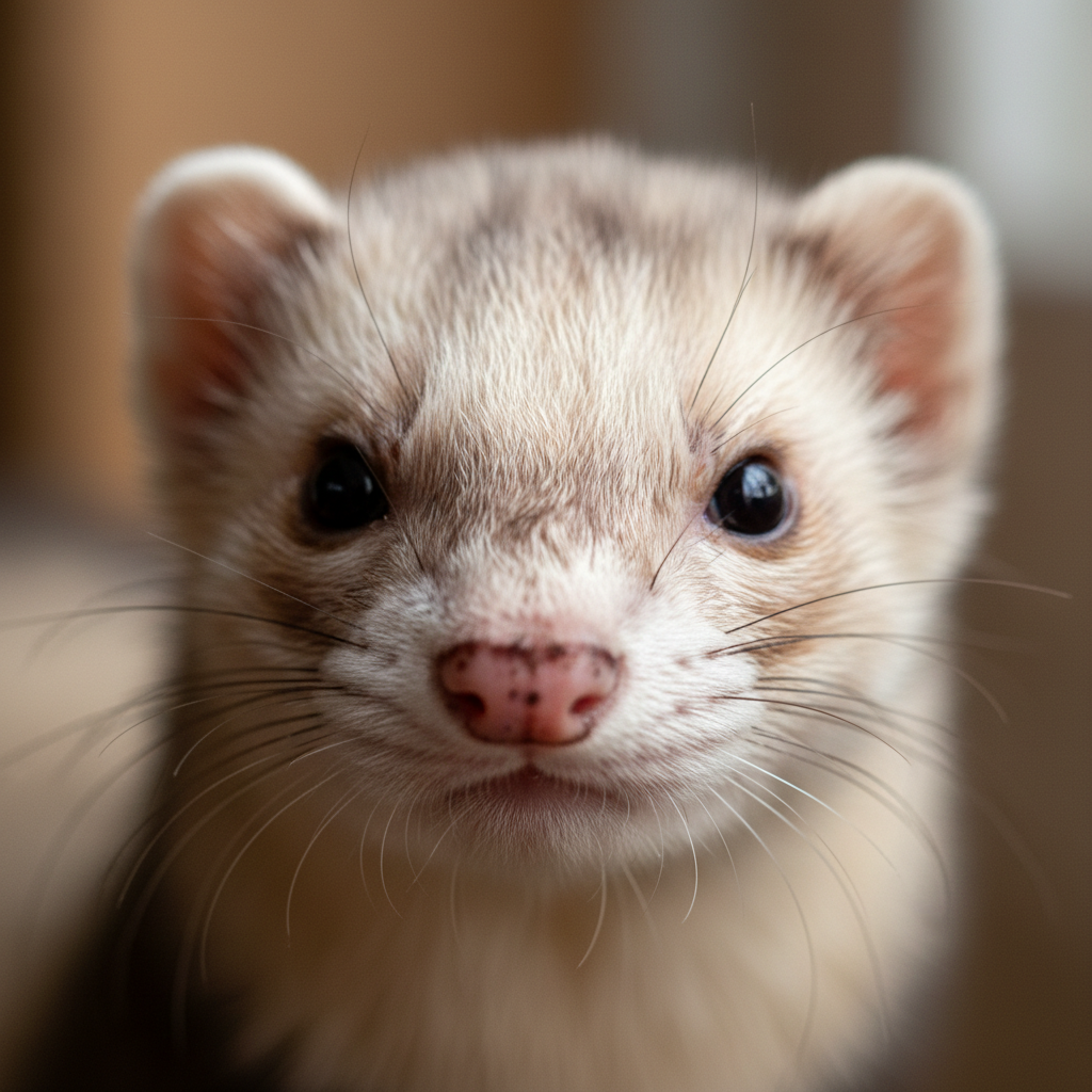 Ferret close-up of face, dark mask markings vivid, tiny nose in sharp focus