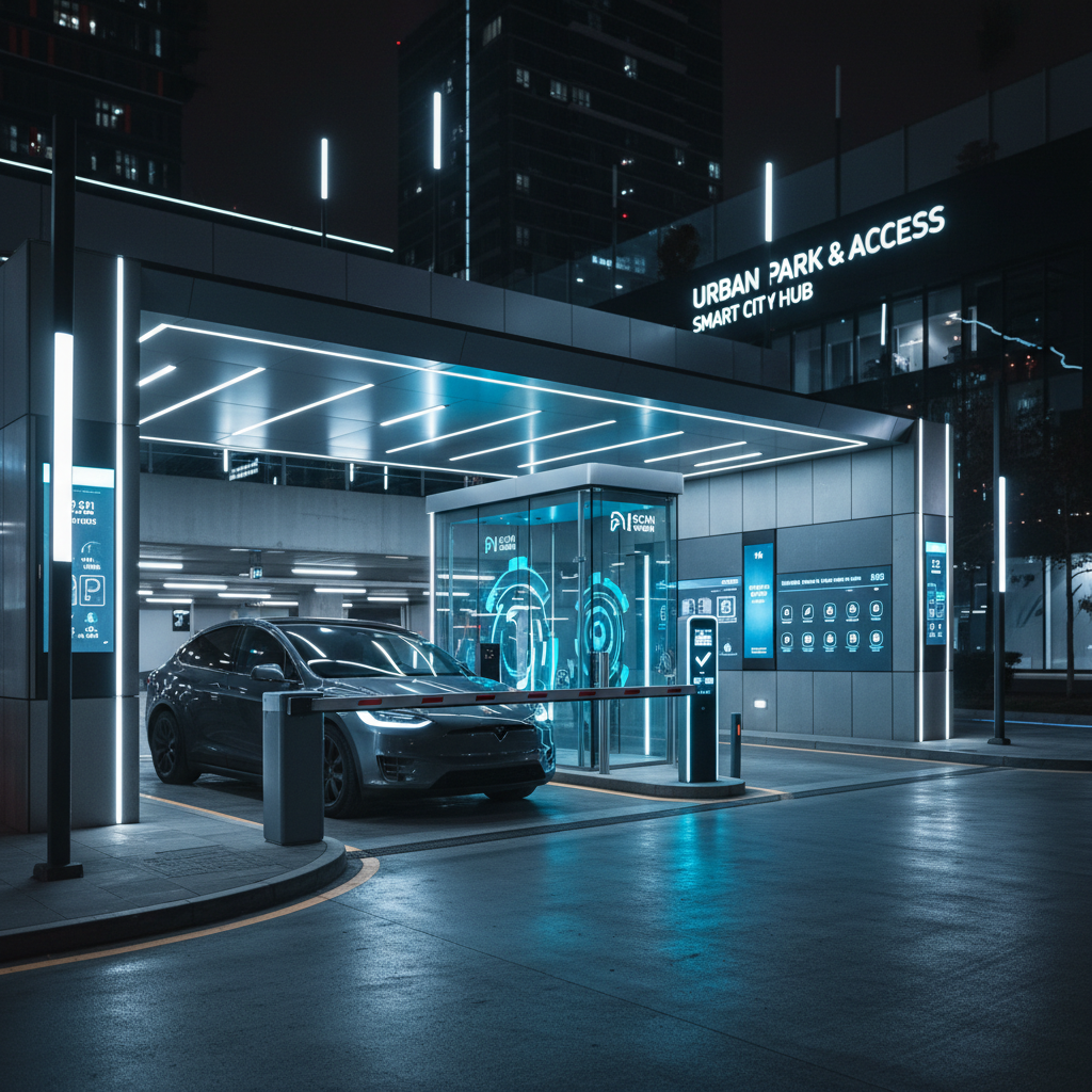 Automatic boom gate barrier at commercial parking facility entrance