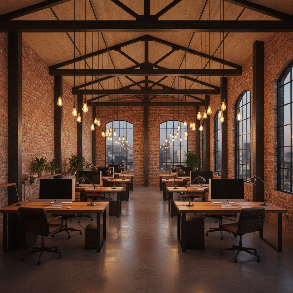 Industrial loft interior with exposed concrete ceiling, dark steel fixtures, and warm Edison lighting against brick walls