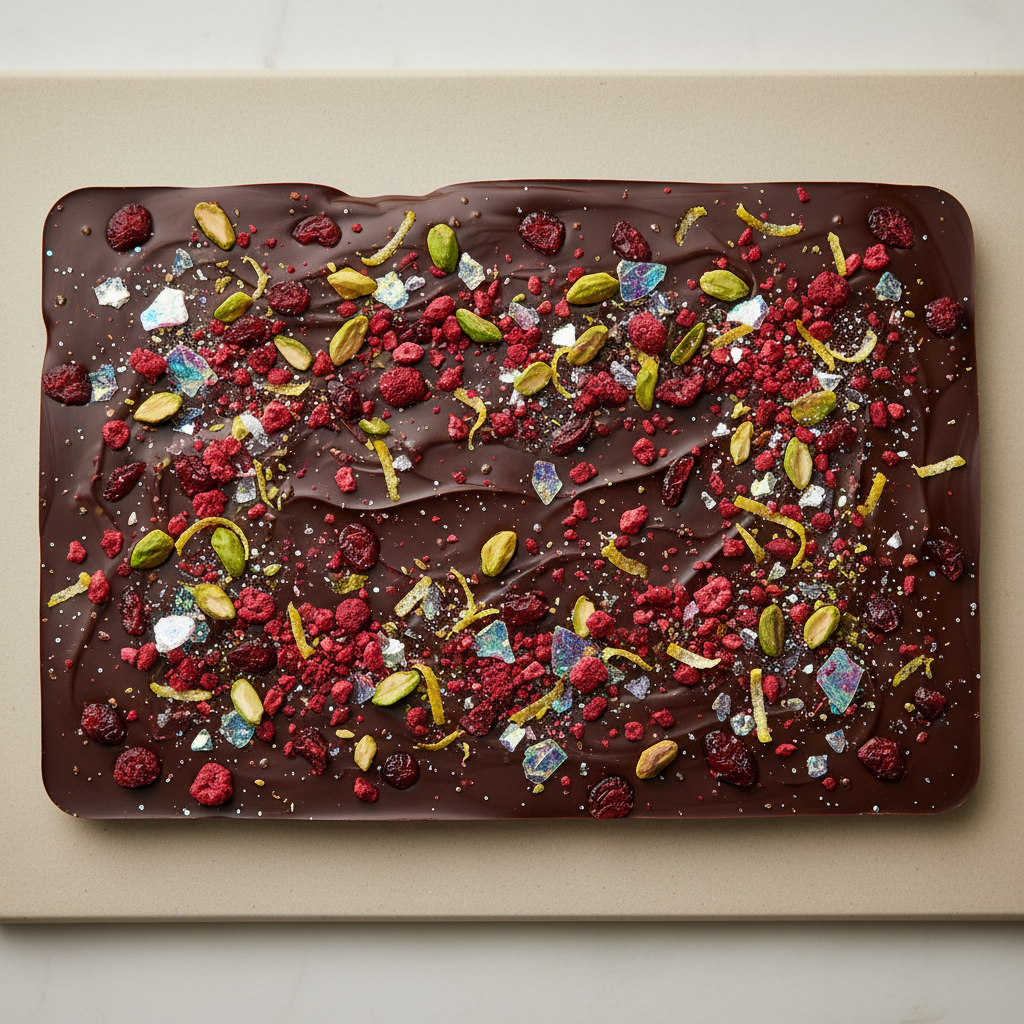 Shiny tempered chocolate bark with toppings, made by a pre-teen learning advanced technique