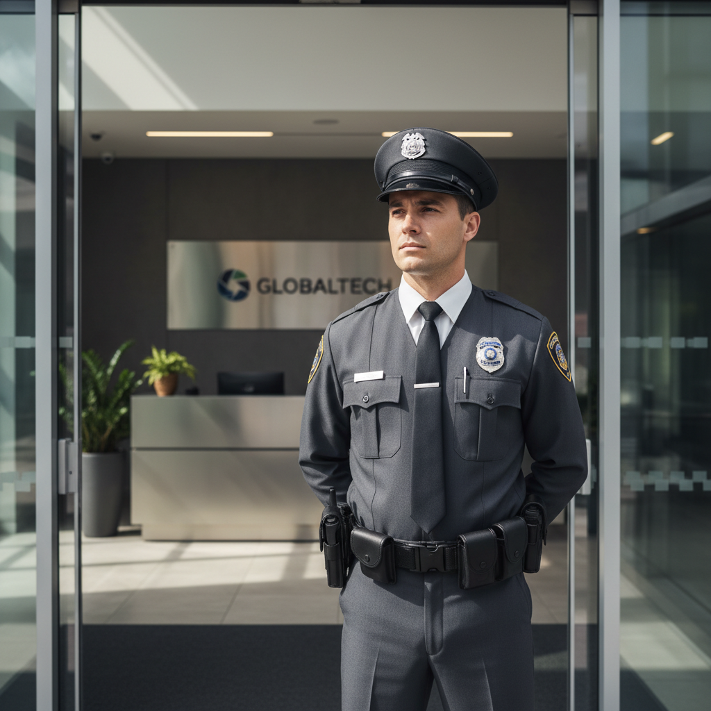 Professional security guard in uniform standing at corporate entrance, bright modern building, authoritative posture