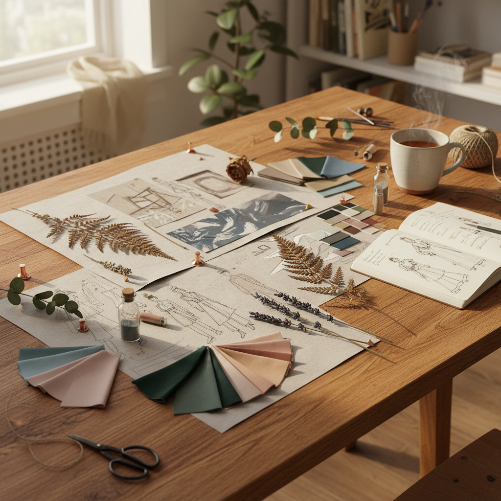Warm South African interior design studio with mood boards, fabric swatches, and warm amber lighting