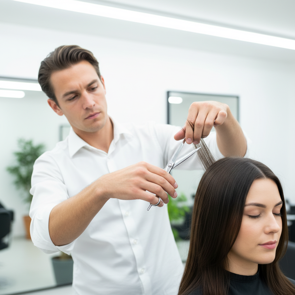 Stylist giving precise haircut with scissors in clean modern salon interior