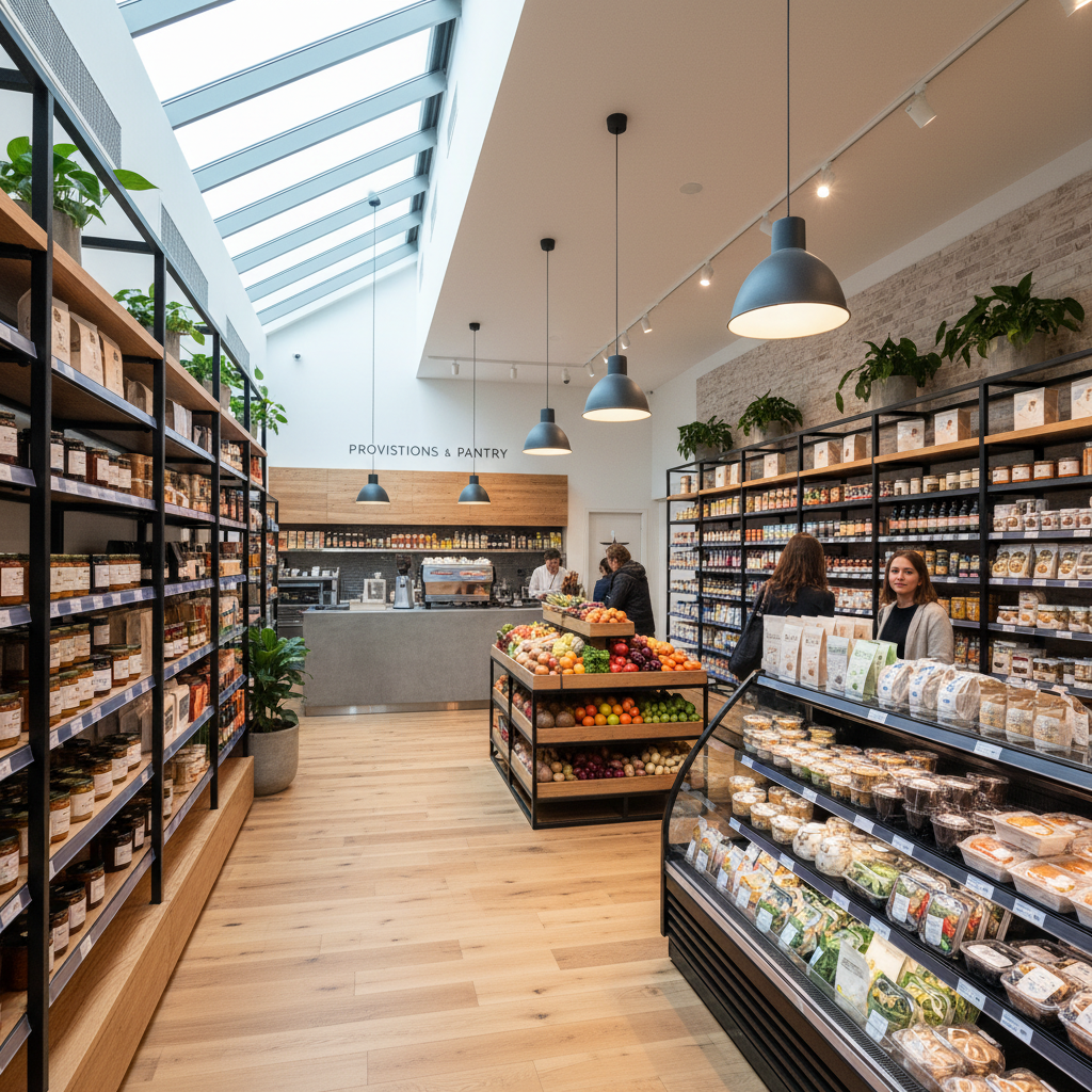 Interior of a modern convenience store with artisanal products and fresh food sections