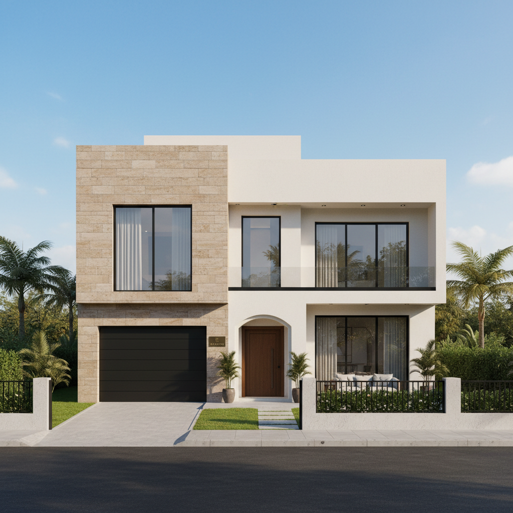 Modern two-story luxury home with pool and palm trees in bright Orlando sunshine