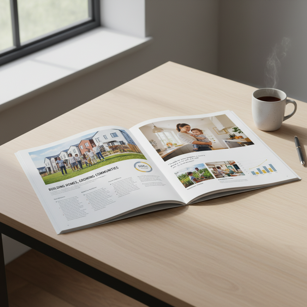 Annual report spread design for housing nonprofit, print layout photograph