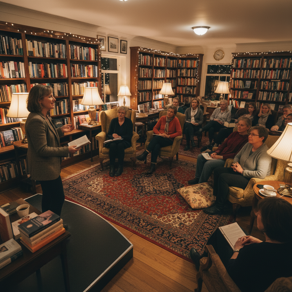 Author speaking at a small intimate workshop, warm lighting, engaged small audience, modern space