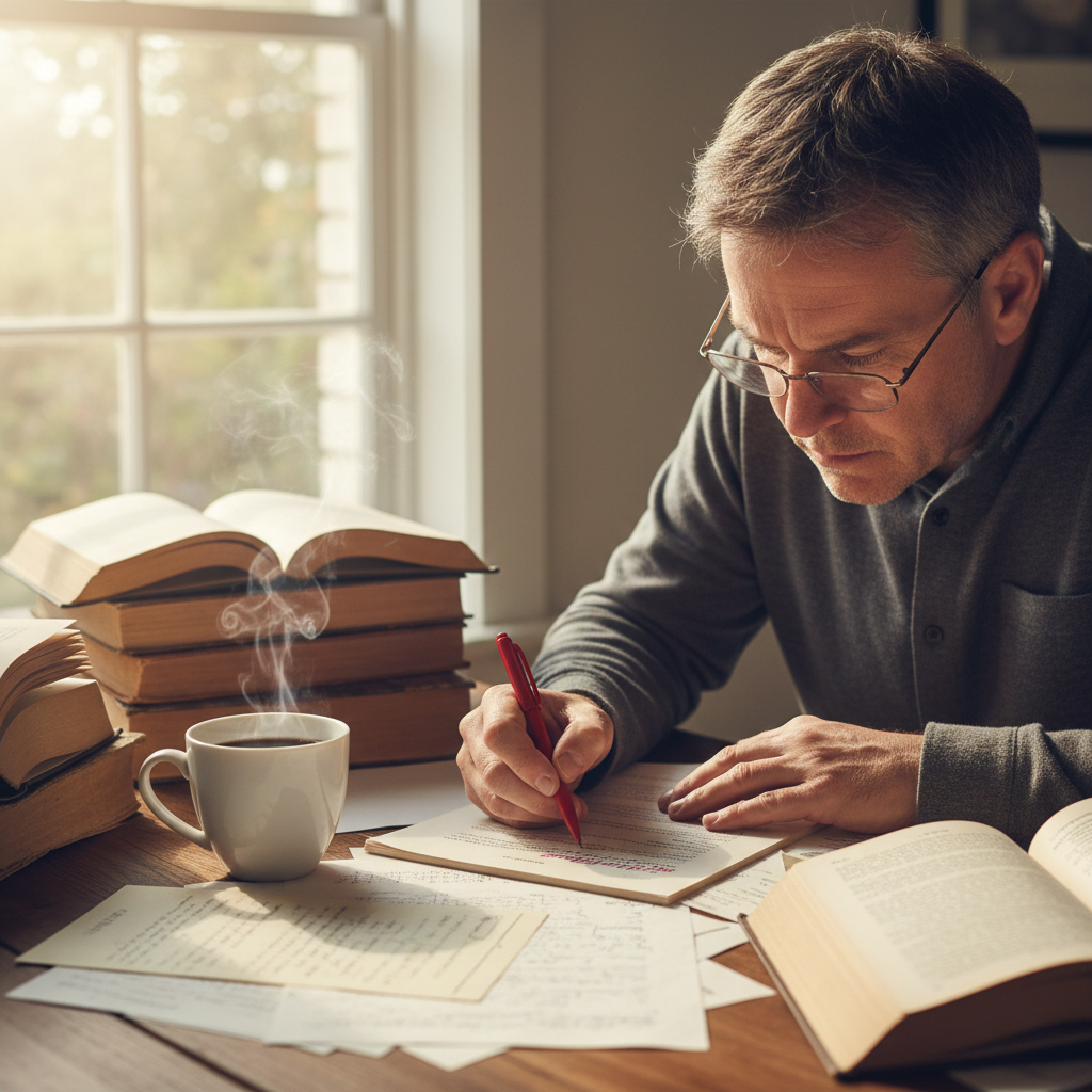 Editor reviewing manuscript pages at a desk