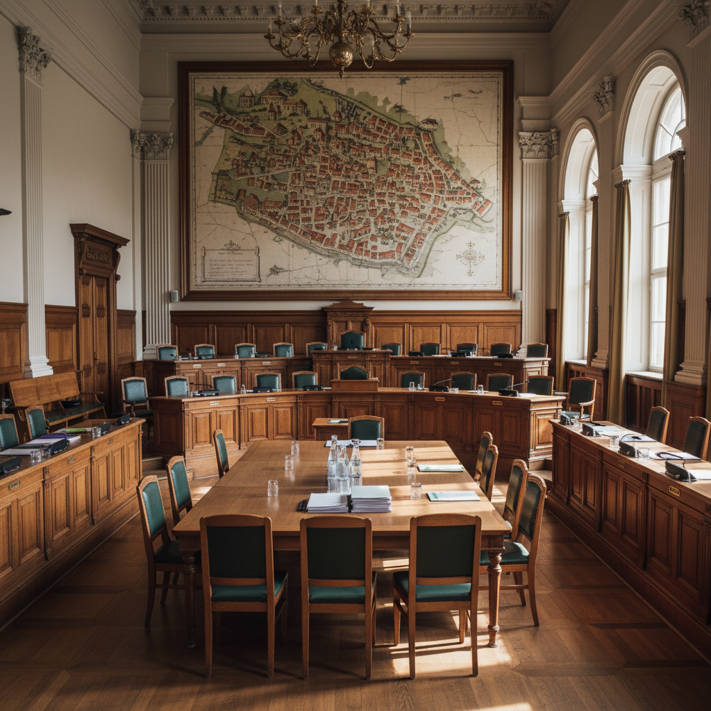 Town hall meeting room with large wall map and wooden council chambers