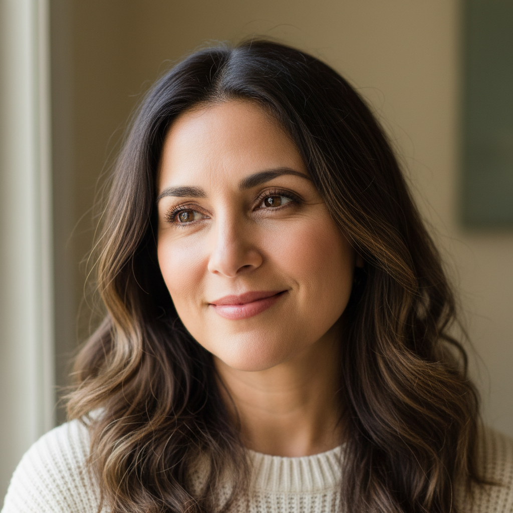 Marisol Vega, a Latina woman in her 40s with warm eyes, smiling gently in a soft-lit room