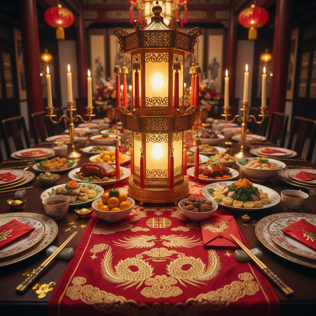 Imperial gold themed Lunar New Year banquet table with tiered lantern centerpiece and embroidered runner