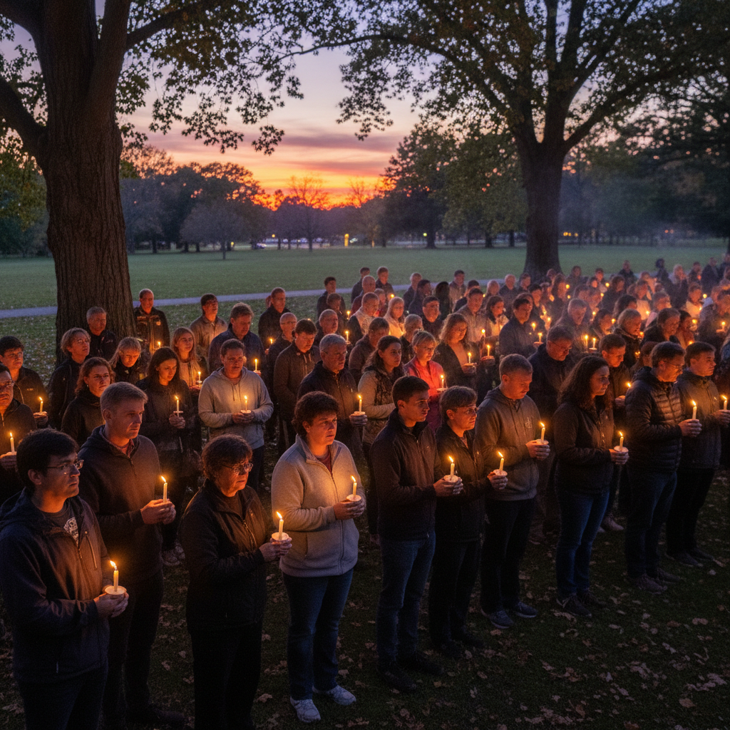 A gathering of people in a park holding candles at a memorial ceremony