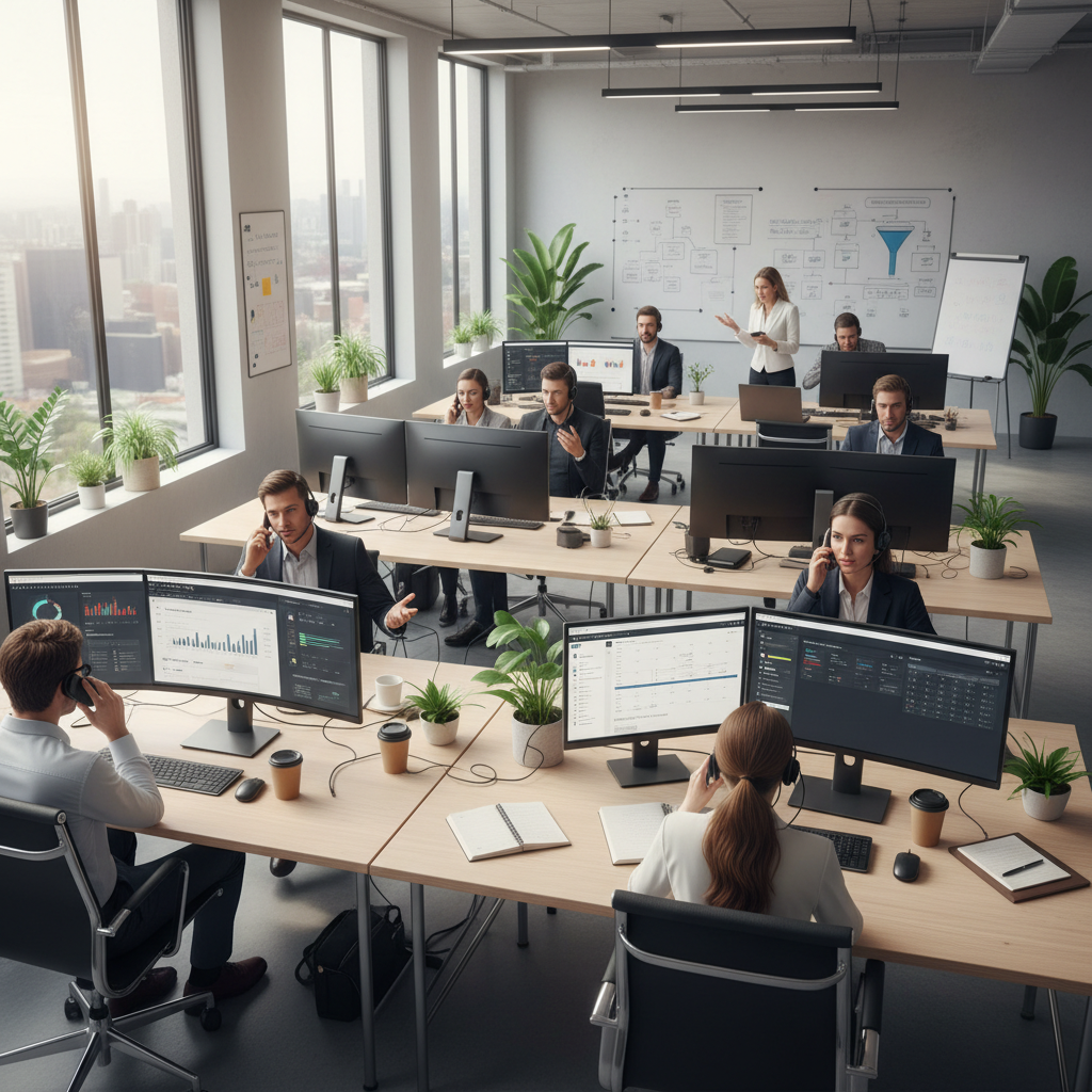 Filipino SDR professional conducting an outbound sales call in a modern office