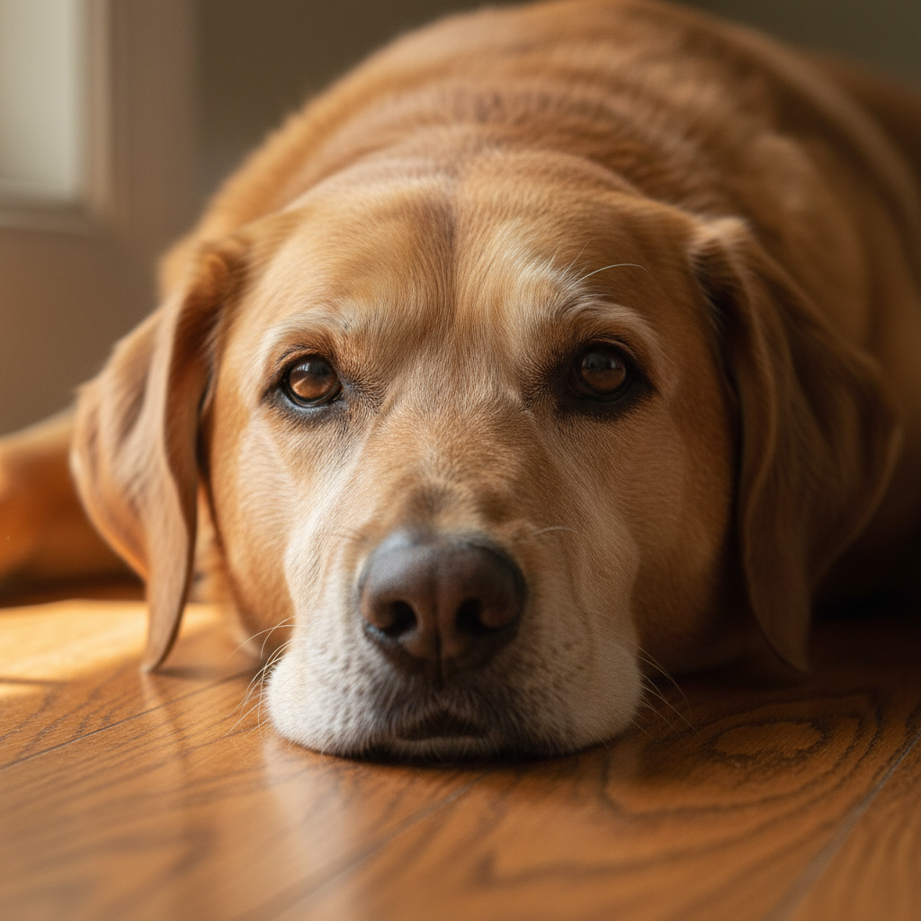 Senior Labrador mix dog with grey muzzle resting on wooden floor, deep warm eyes, soft directional light revealing wisdom in the face