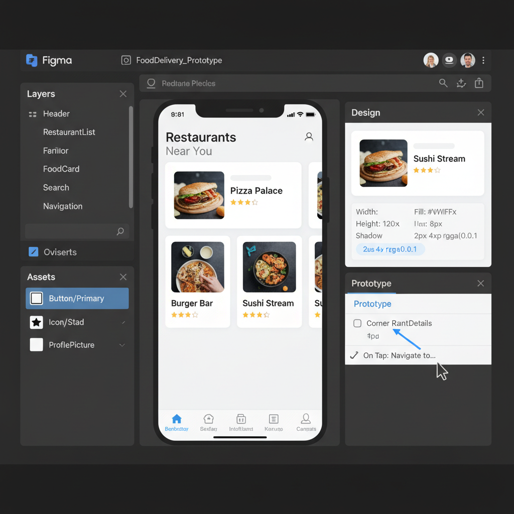 Figma design tool open in a browser showing a mobile UI prototype with component panels