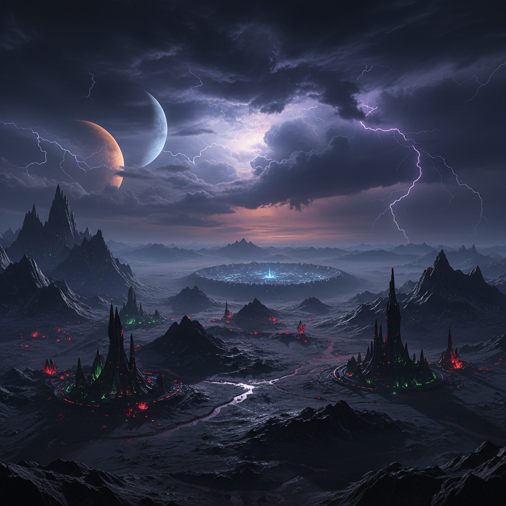Dark atmospheric alien world, deep blue planetary surface, distant stars, vast open terrain, moody sci-fi environment