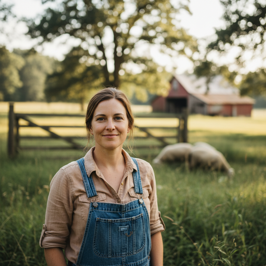 Susan Tran, hobby farm owner from Virginia, gentle smile, outdoors