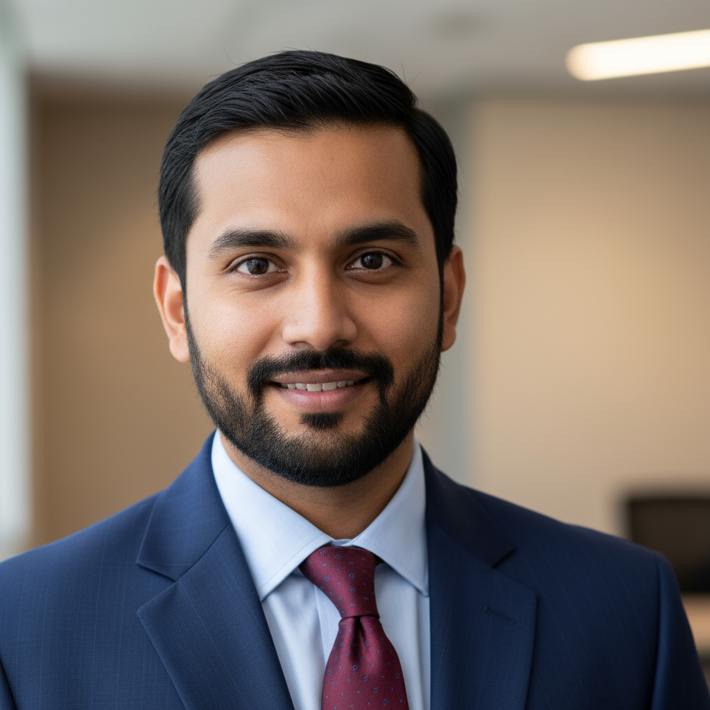 Professional headshot of Indian man with short black hair wearing dark suit and tie in corporate environment