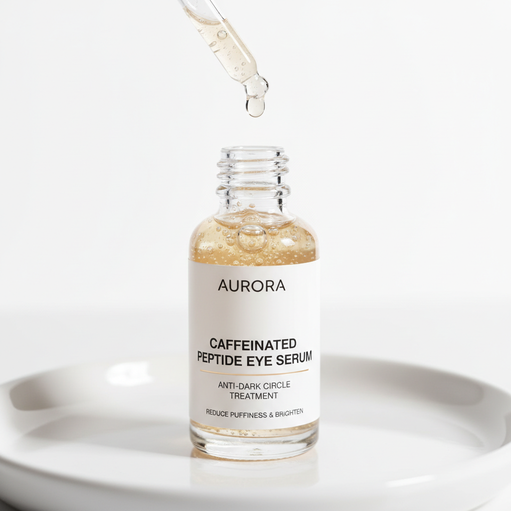 Clear glass dropper bottle with golden serum inside on marble surface — bright studio light, clean white background, minimalist skincare photography