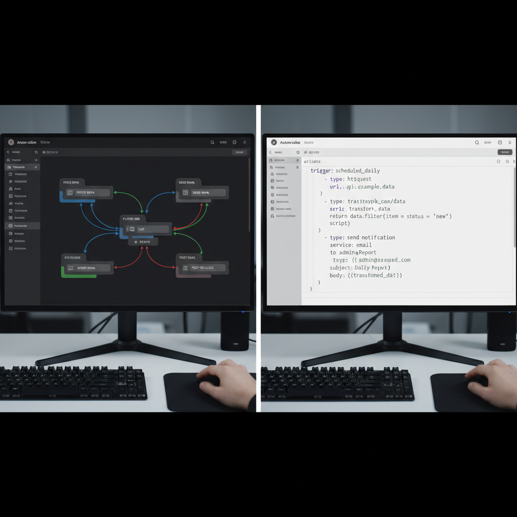 Split screen showing two different automation workflow builders side by side