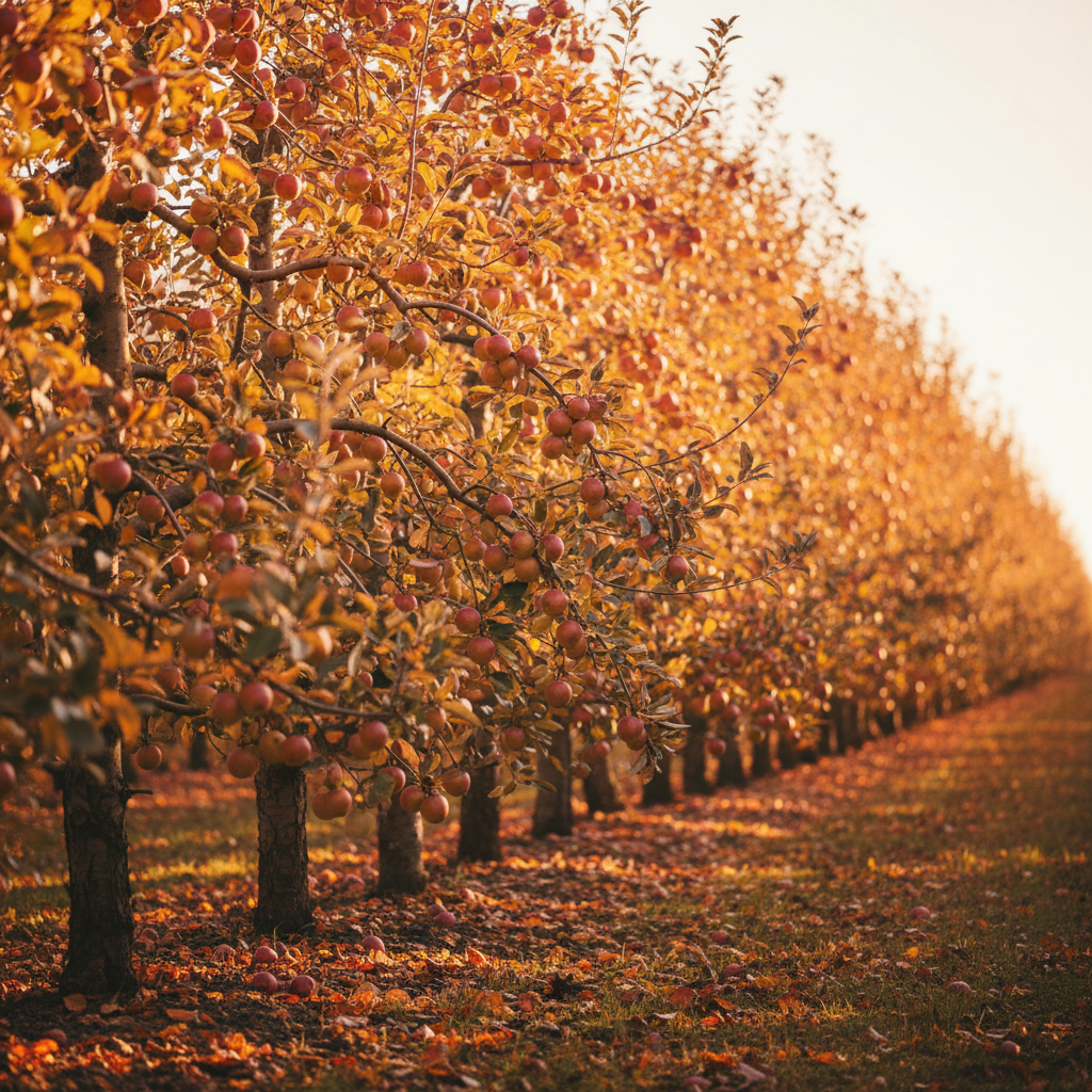 Rows of fruit trees in a green orchard at golden hour, warm sunlight filtering through branches, abundant foliage
