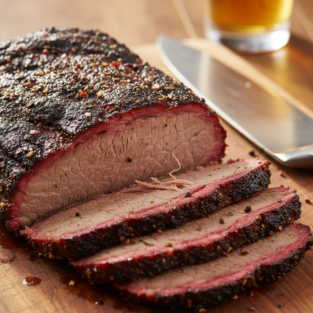 Competition brisket flat sliced to reveal perfect smoke ring and bark crust