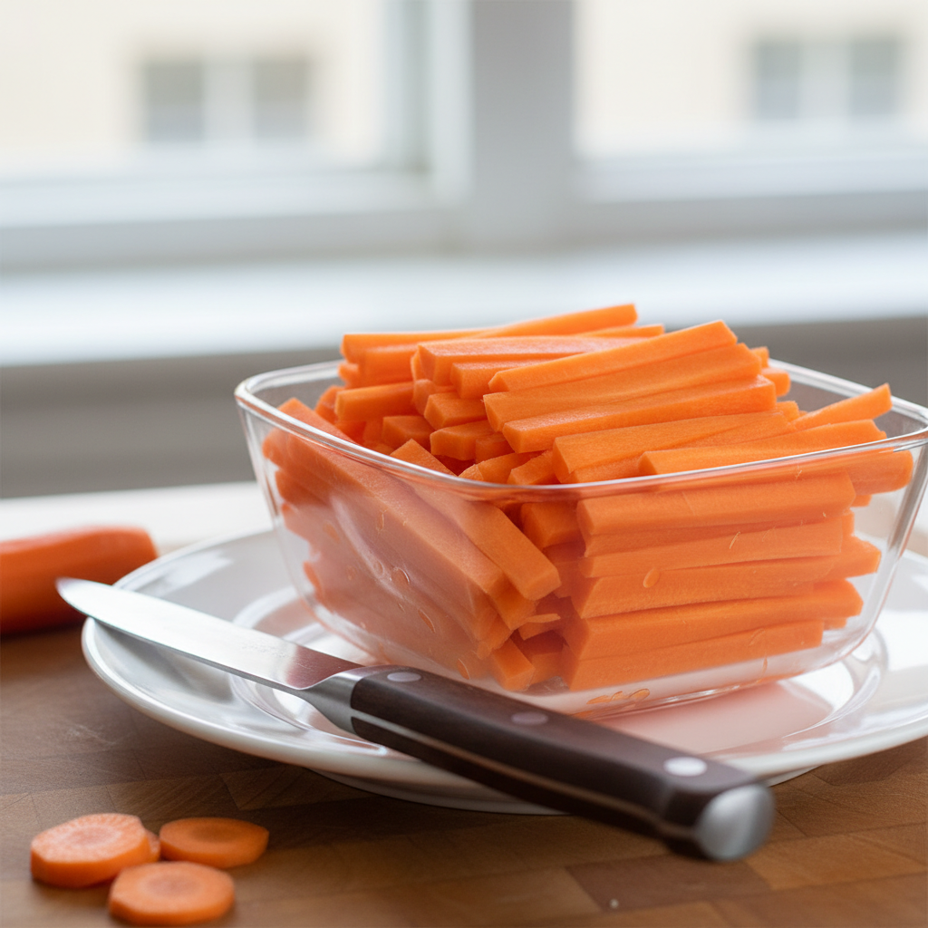 Precise julienne cuts of bright orange carrots arranged in uniform matchstick strips