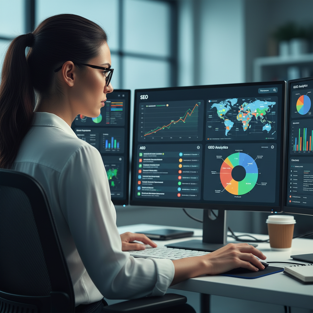 Healthcare marketing specialist analyzing PPC campaign performance metrics and conversion data on a computer dashboard