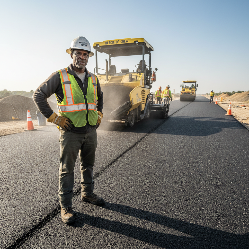 Blacktop crew foreman standing beside paving machine on fresh asphalt job site in Chicago