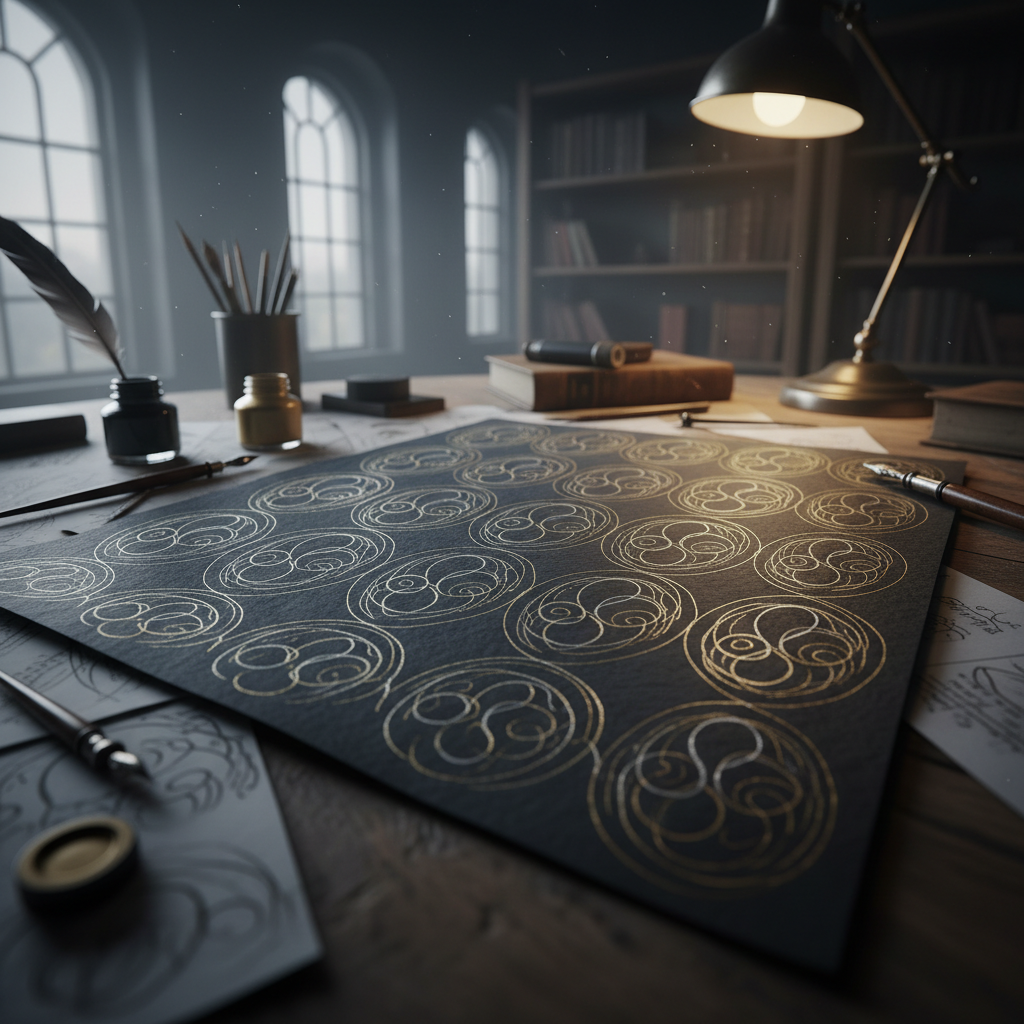 Flourishing oval drill practice sheet on dark paper, ornate loops, moody atmospheric studio