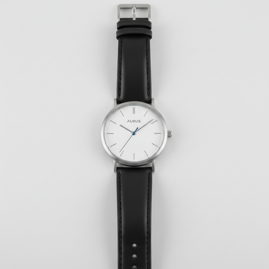 Premium wristwatch product deal showing silver watch face with leather strap