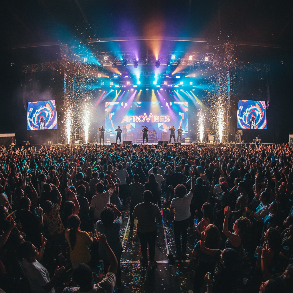 Colorful African-inspired music festival crowd with vibrant orange and yellow lights