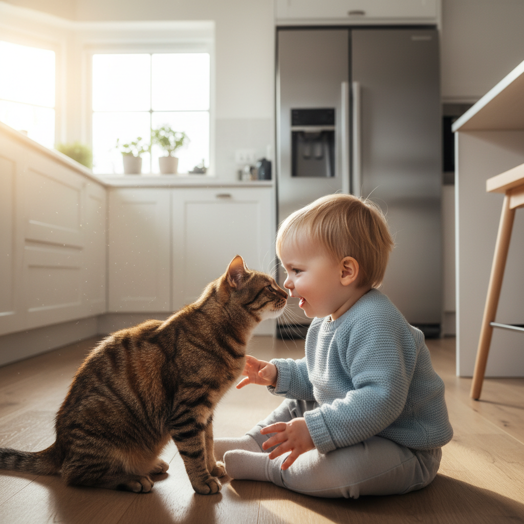 Tabby cat nose-to-nose with a curious toddler on a kitchen floor