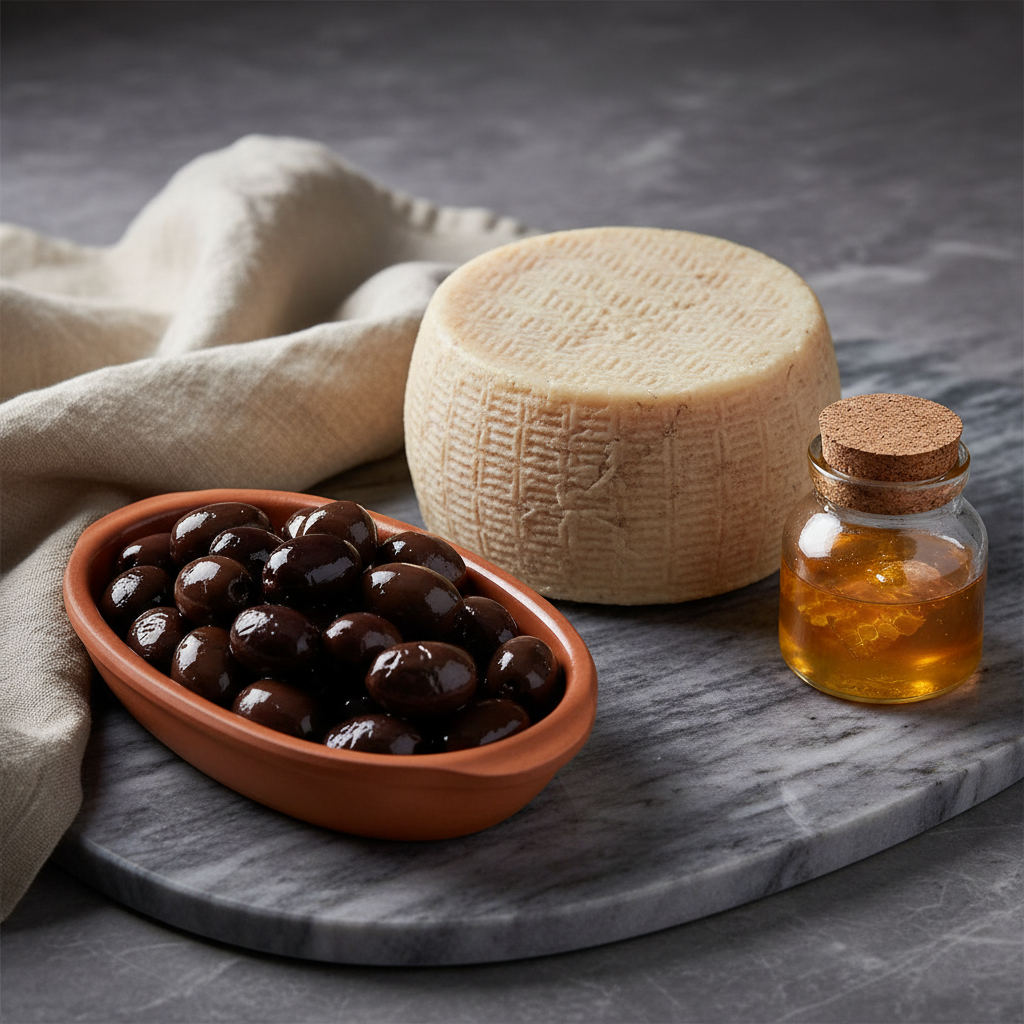 Curated collection of three artisan food products arranged on dark marble with linen cloth