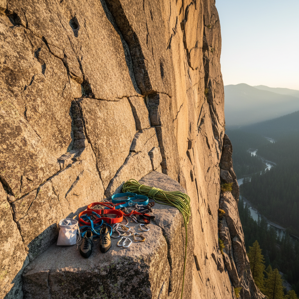 Wide view of a granite climbing wall with colorful climbing gear arranged on a ledge in golden hour light