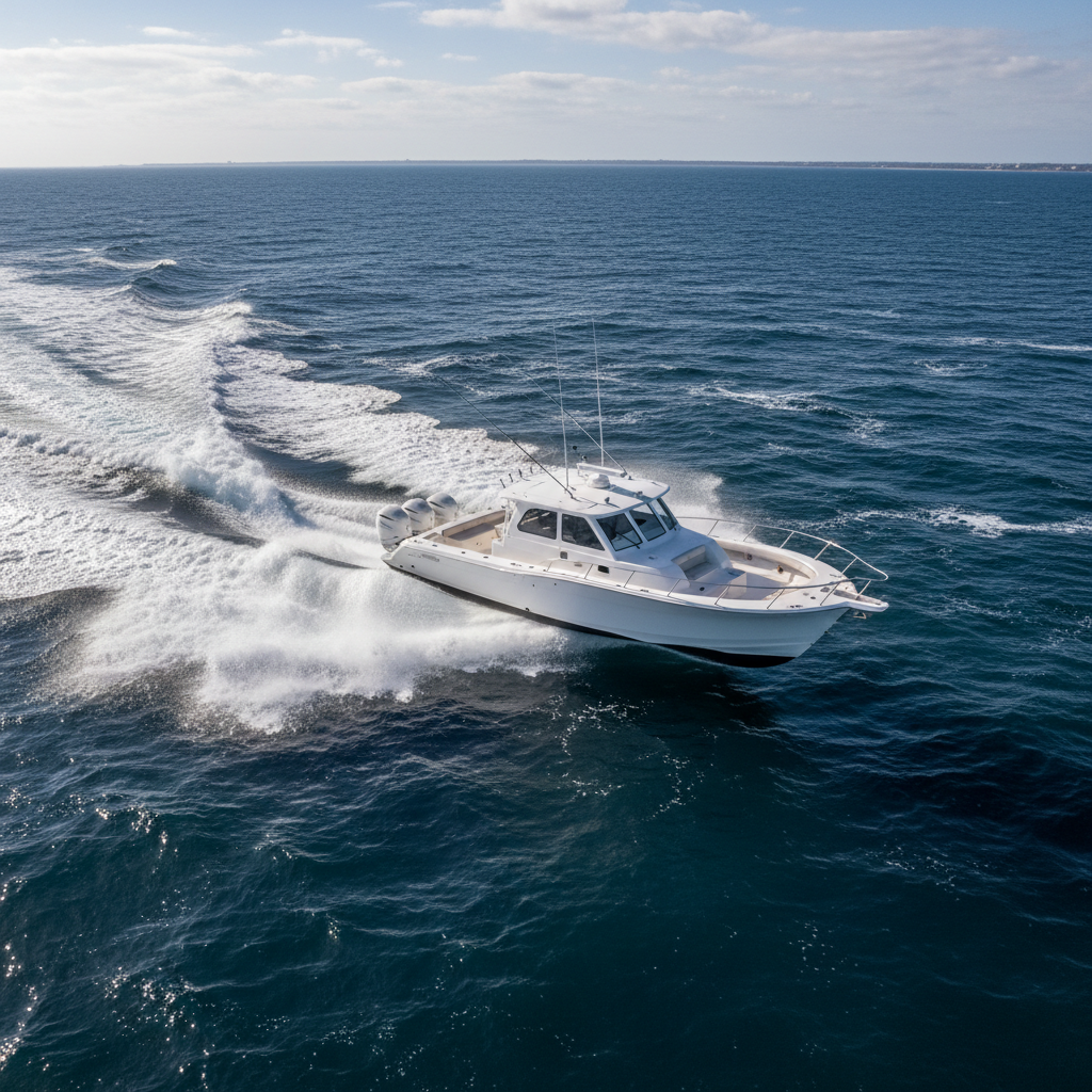 Boston Whaler 345 Conquest offshore sportfisher running in Atlantic swells with triple outboards