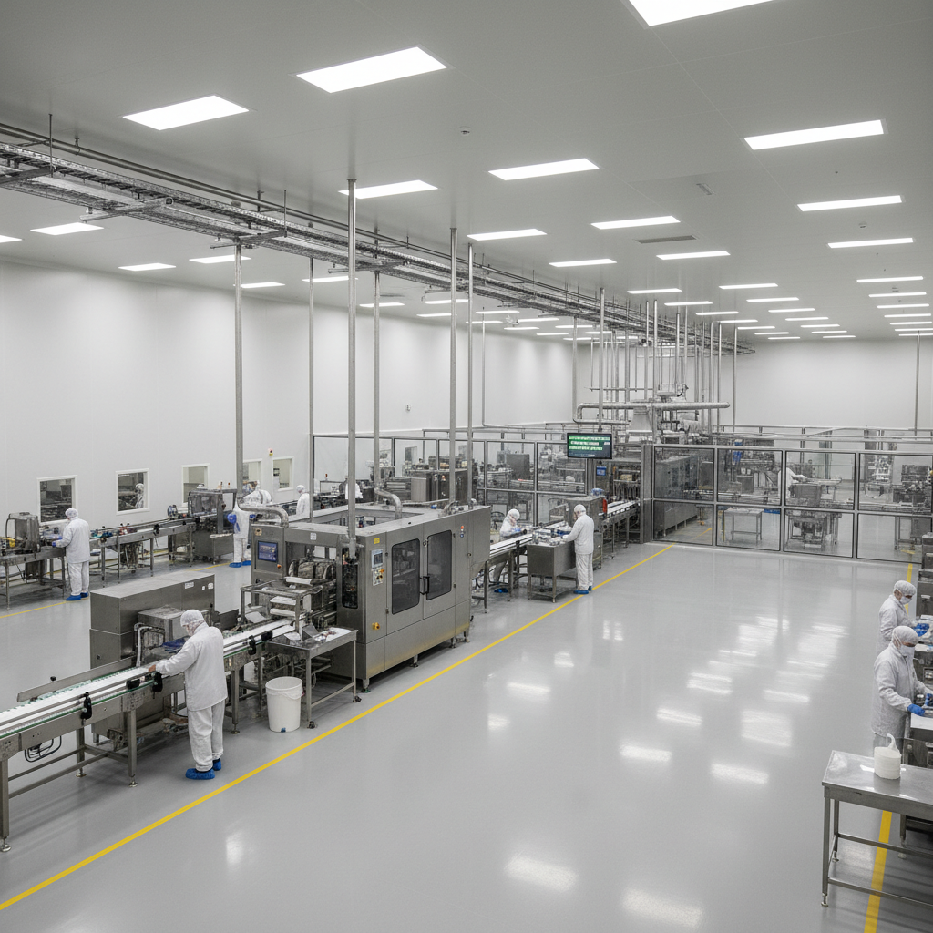 Bright clean food processing facility with workers in white uniforms, well-lit sterile environment, modern industrial equipment