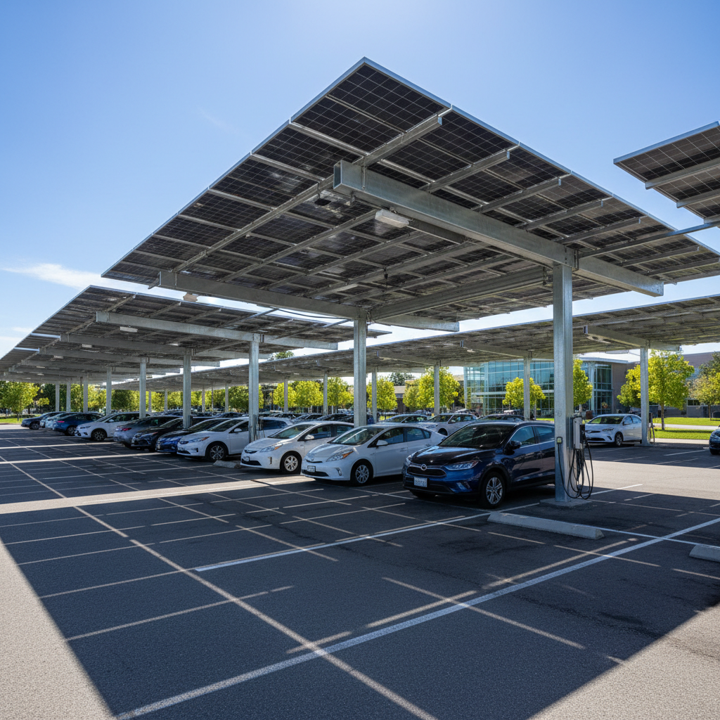 Solar carport structure over municipal parking lot in Denver, providing shade and energy generation