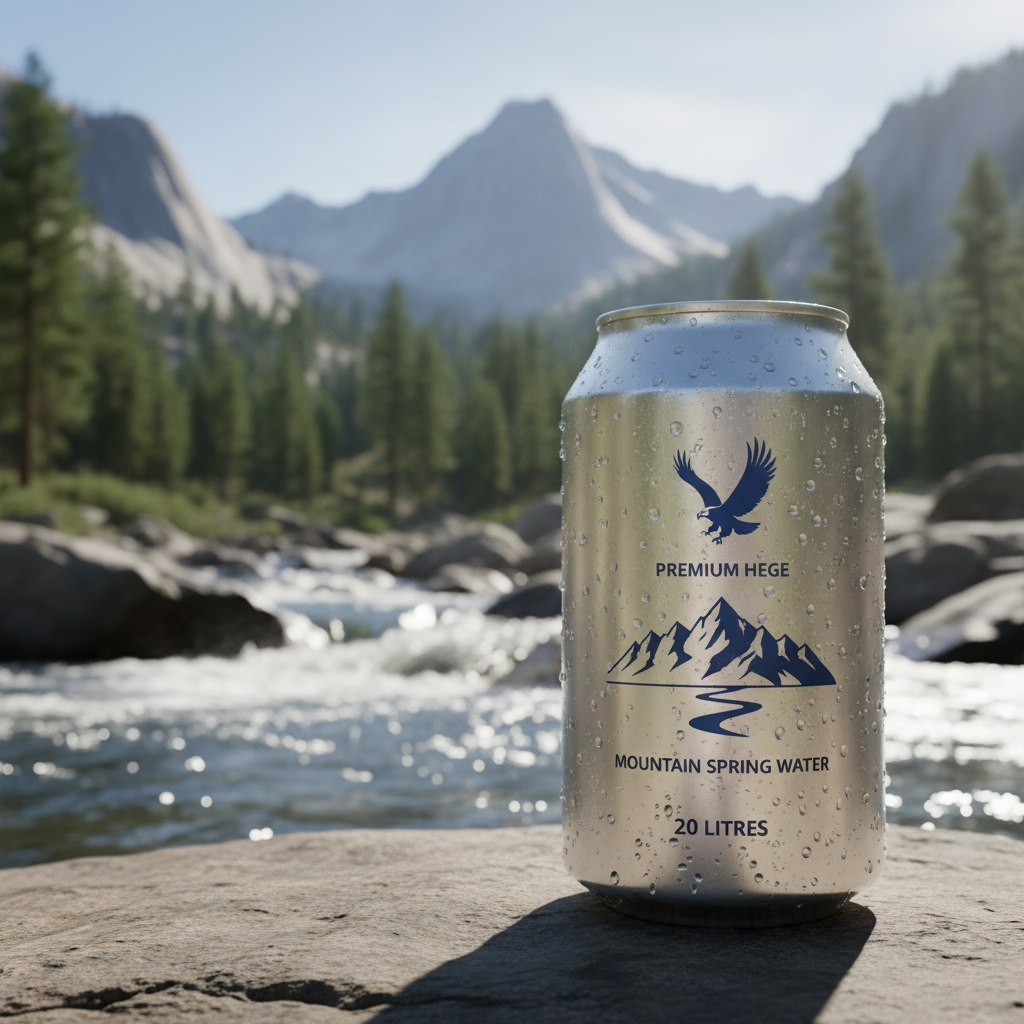 Premium Hege 20-litre mountain spring water can with mountain landscape backdrop, crisp natural setting