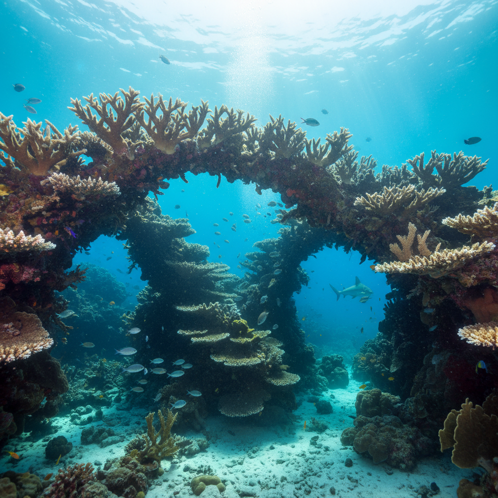 Dramatic elkhorn coral formations creating arch-like structures with shafts of sunlight piercing the water