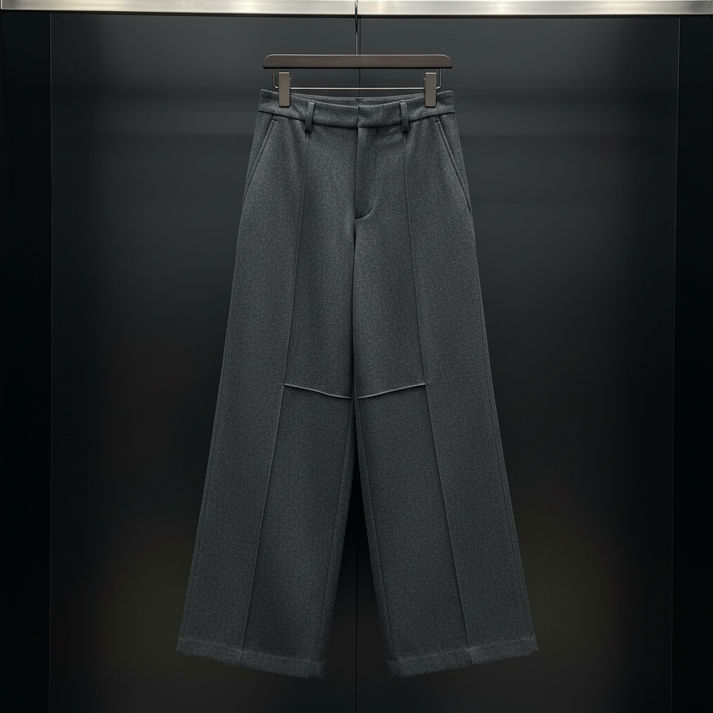 Black wide-leg cargo trousers on a hanger
