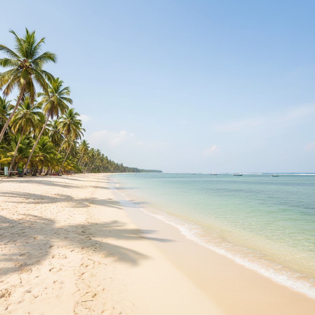 Beruwala Beach Kalutara Sri Lanka, white sandy beach, calm blue water, coconut trees lining shore