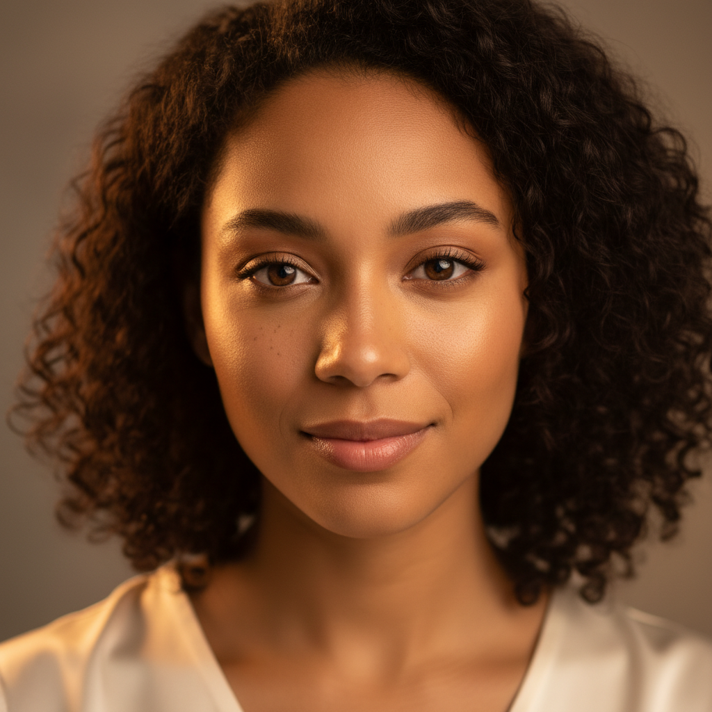 Portrait of Kezia Mensah, a woman wearing a beautiful wig, glowing skin, studio lighting