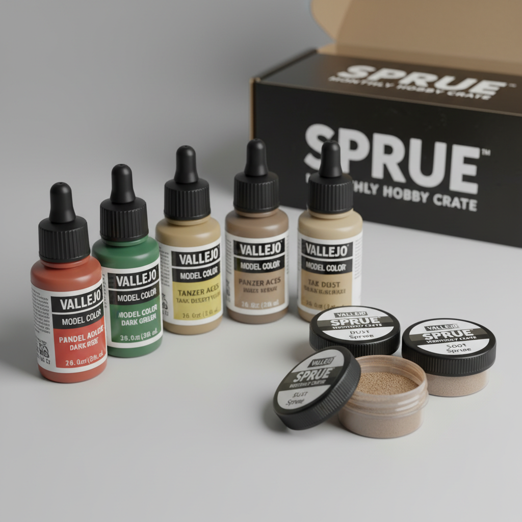 Vallejo paint bottles and weathering powders from Sprue monthly box