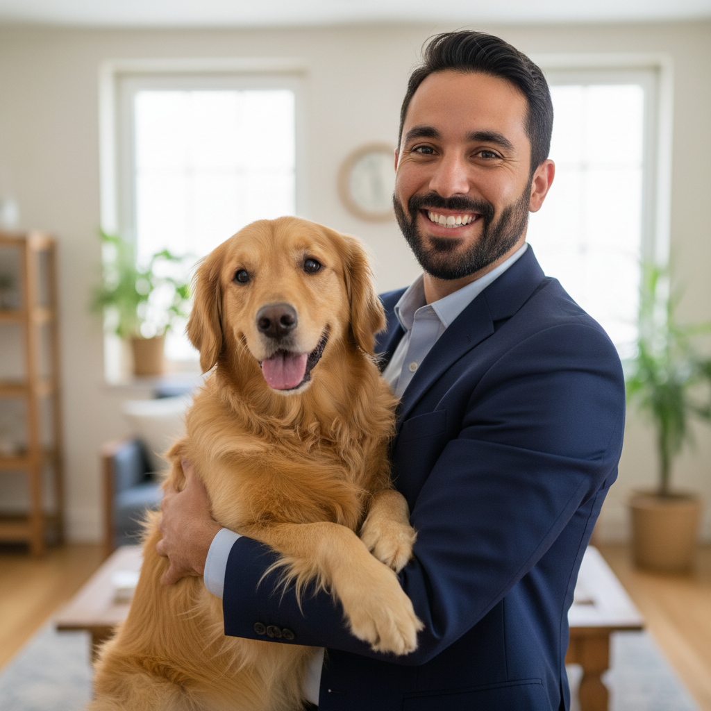 Young Black man smiling with a golden retriever puppy on his lap