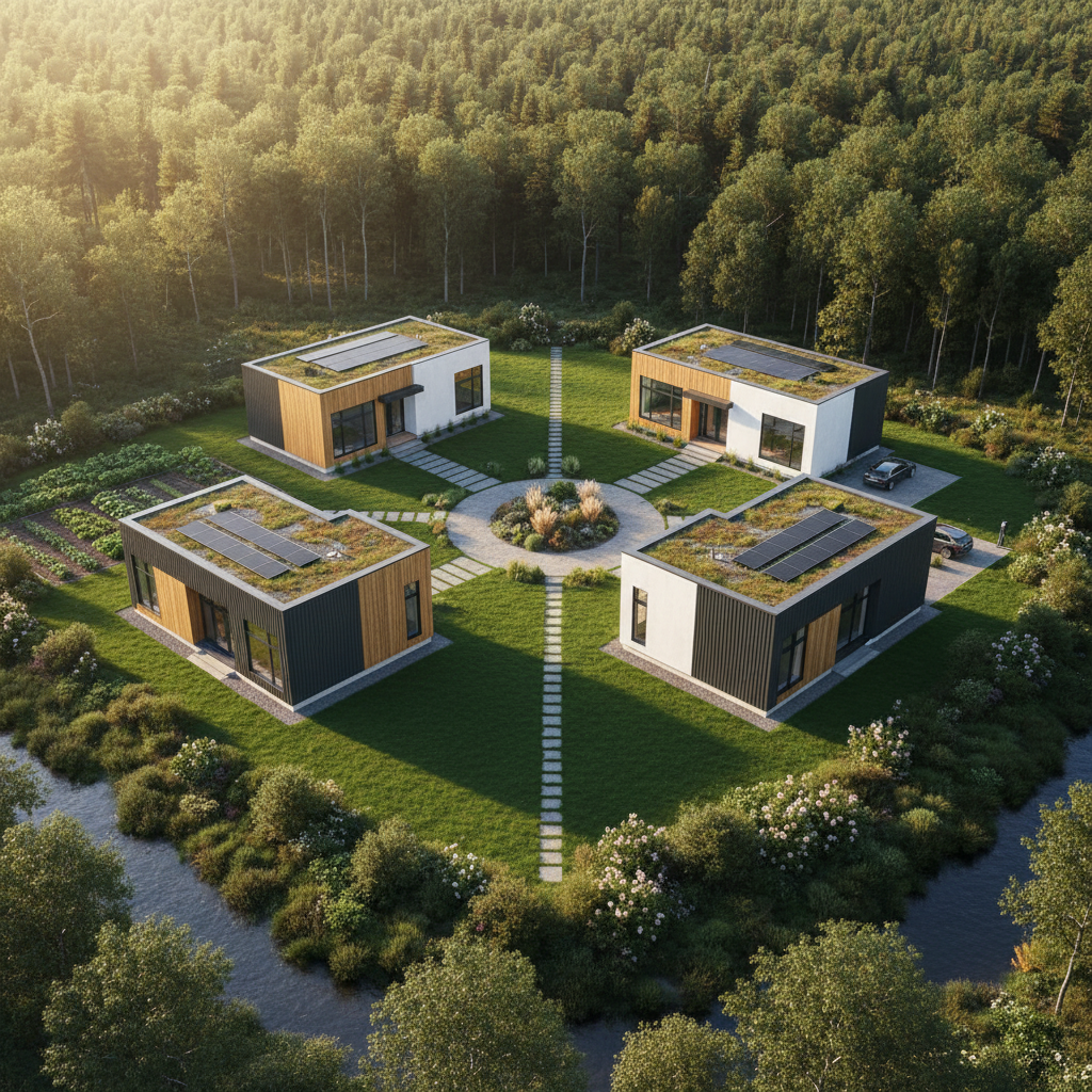 Aerial drone view of completed modular home community on rural land