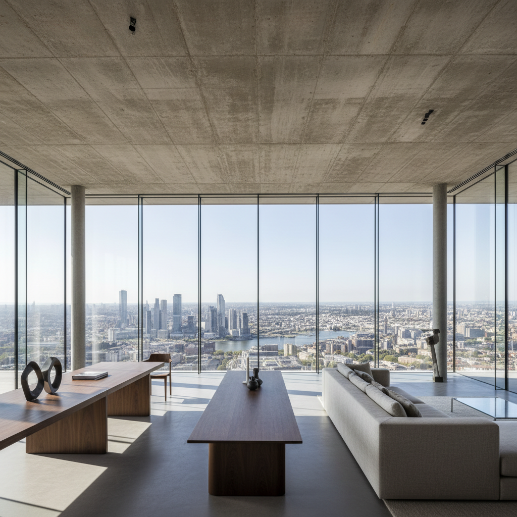 The Mercer Penthouse SoHo New York — dramatic living room with exposed concrete ceiling, custom bronze joinery, floor-to-ceiling windows overlooking Manhattan skyline