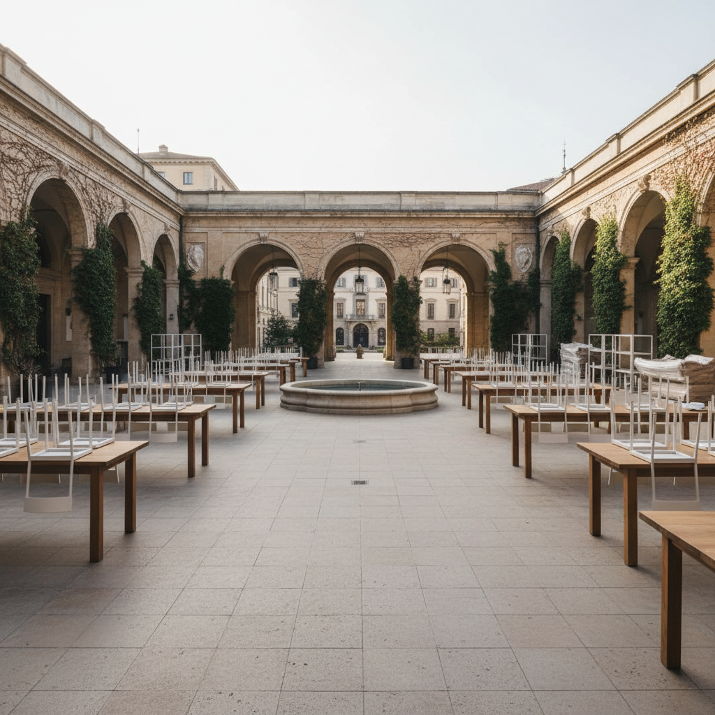 Empty event venue courtyard with bare tables and no bar setup, pre-event preparation