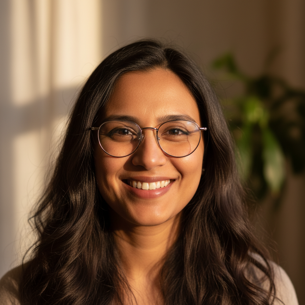 South Asian woman with long hair in neat professional attire smiling