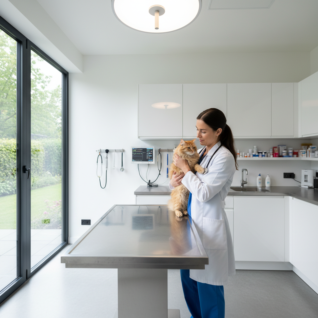 Veterinarian in rainbow scrubs examining a cat at a welcoming pet clinic
